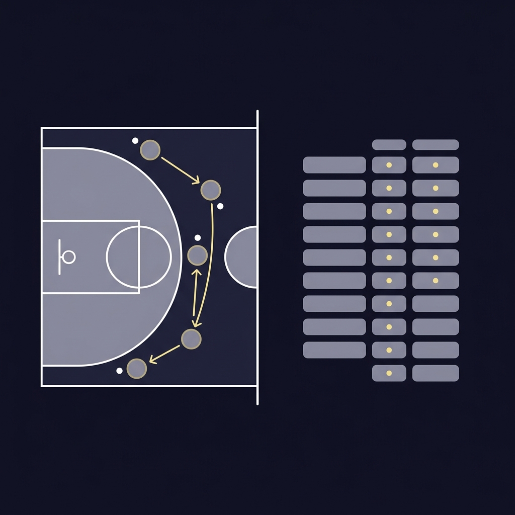 Split screen 2D vector showing a live game substitution graphic on the left and a minimal scoring model table on the right in Funded Plays colors Using Usage Rate in Basketball Props