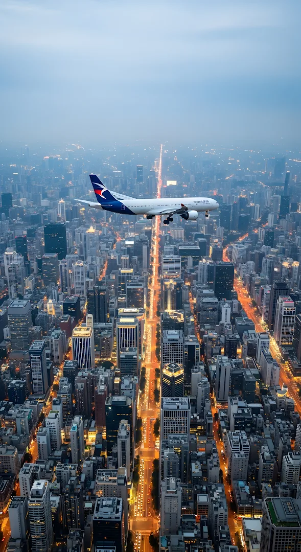 Commercial Airplane Flying Over Illuminated City Skyline Dusk