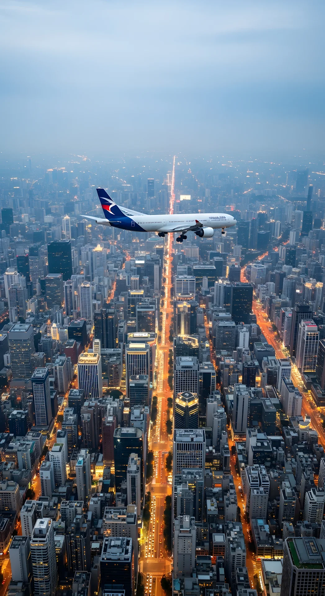 Commercial Airplane Flying Over Illuminated City Skyline Dusk - Free 4K mobile Wallpaper