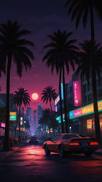 Vintage car parked under palm trees during neon sunset - Free mobile Wallpaper