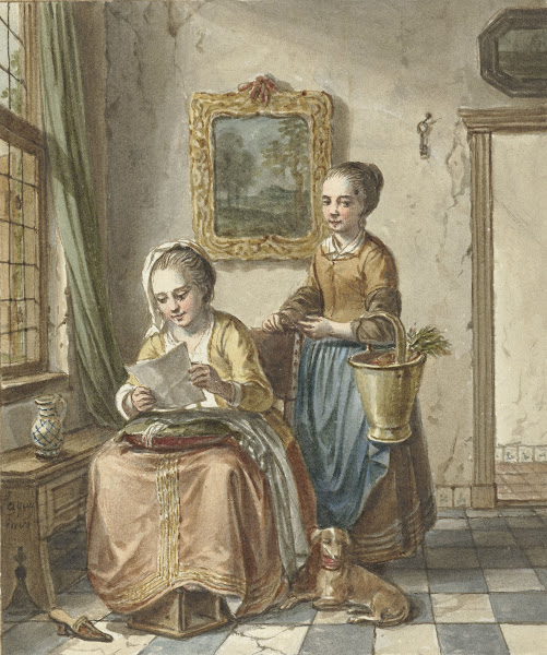 Zittende vrouw met dienstmeid een brief lezend 1748   1798