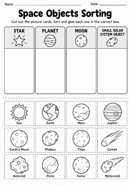 Space Objects Sorting Worksheet