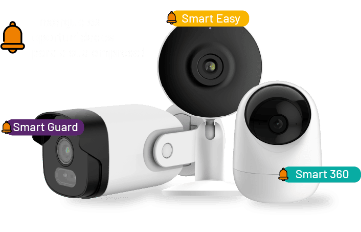 Imagens das câmeras Olli Smart Guard, Smart Easy e Smart 360 com subtítulo dizendo 'Enxergue as oportunidades para a sua empresa!'.