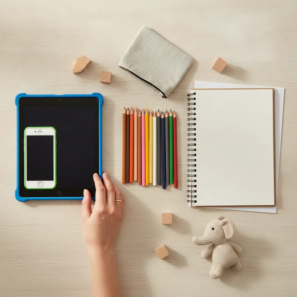 Editorial comparison scene for mental health apps for kids with digital devices and art supplies