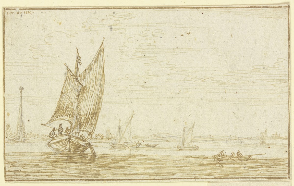 Marine links segelt ein Boot rechts ein Ruderboot
