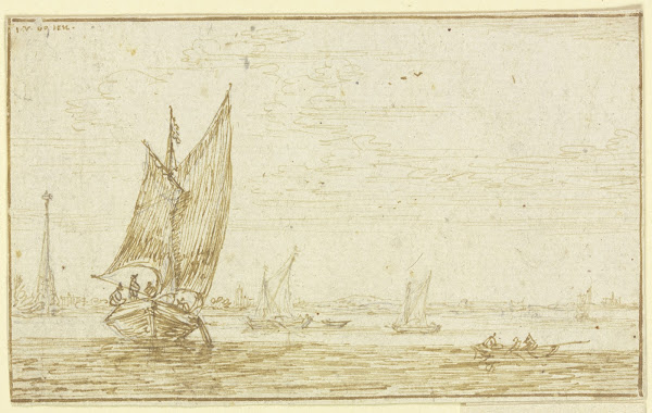 Marine links segelt ein Boot rechts ein Ruderboot