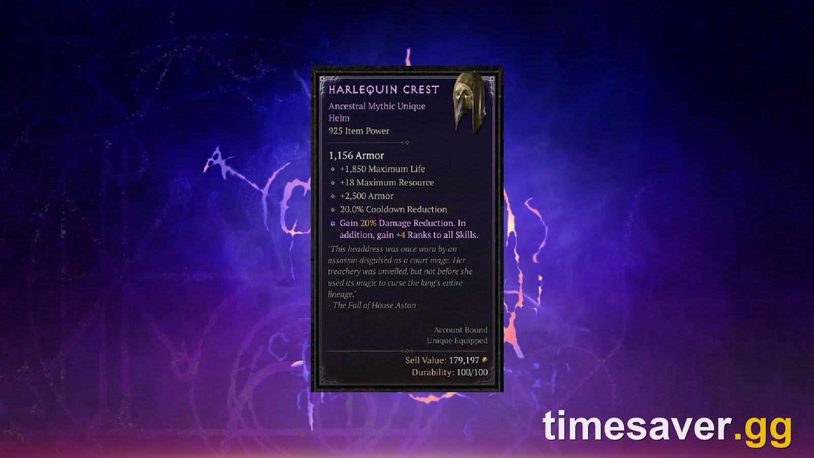 Diablo 4 Mythic Unique Harlequin Crest item tooltip showing its stats in Season 15