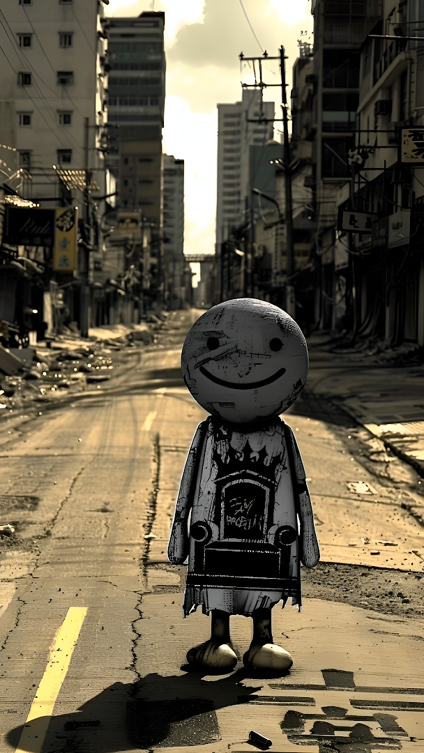 Smiling Robot in Desolate Urban Street at Golden Hour
