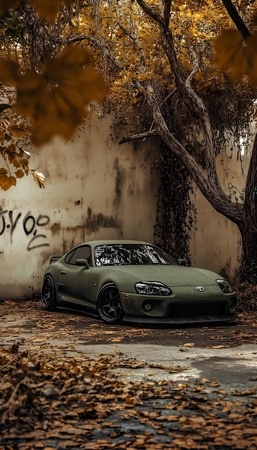 Matte Olive Toyota Supra MK4 in Autumn Urban Decay Scene - Free mobile Wallpaper