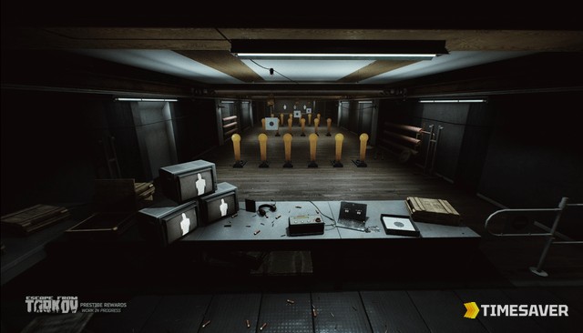 Escape from Tarkov official 'Prestige Rewards (work in progress)' promo image showing a prestige Hideout shooting range