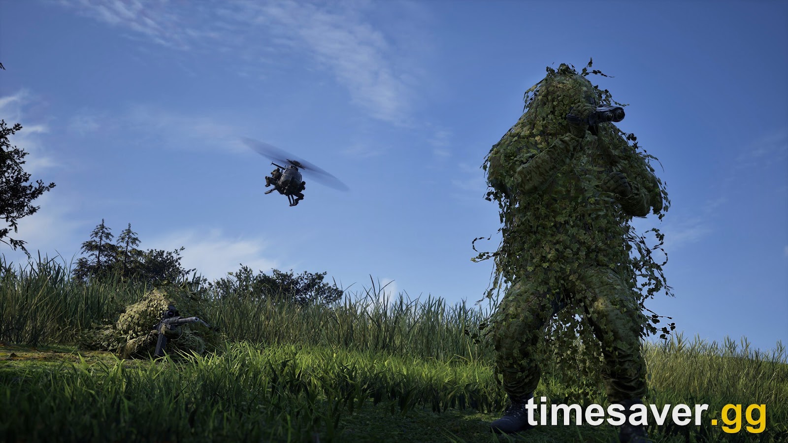 A WARDOGS Little Bird helicopter flying over a sniper in the grass — vehicles unlock across several tracks, and the two tanks sit at the very top of theirs.