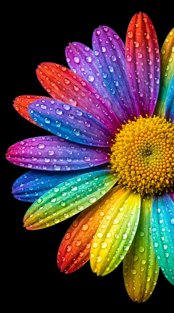Macro Photography of a Rainbow-Petaled Daisy with Crystal Water Droplets - Free mobile Wallpaper