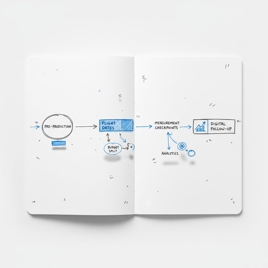 Close-up notebook sketch of a TV campaign timeline showing pre-production, flight dates, measurement checkpoints and digital follow-up, illustrating 30 second TV commercial cost