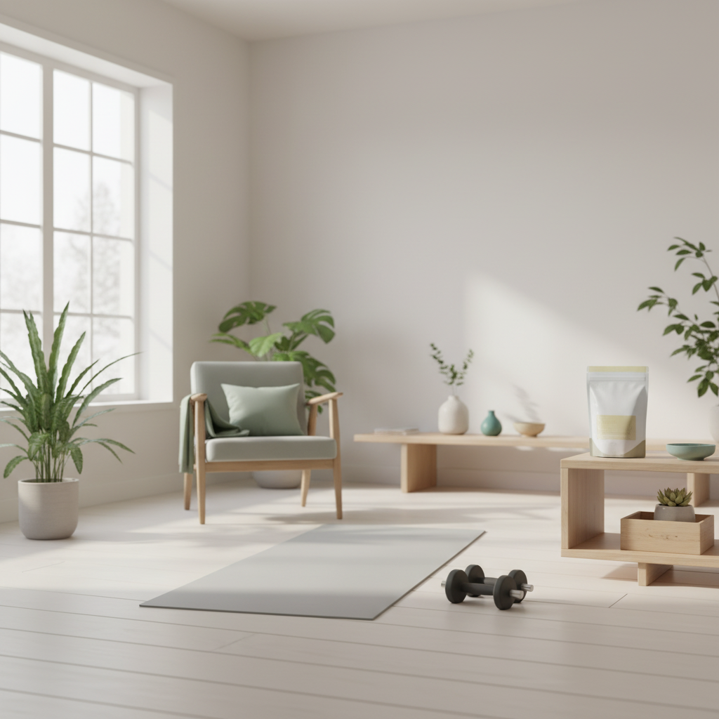 Minimalistisches Wohnzimmer-Homeworkout ohne Personen mit Yogamatte, leichten Hanteln und Pflanzen in Markenfarben; Szene zeigt Atmosphäre und Motivation – was darf man bei trennkost nicht essen