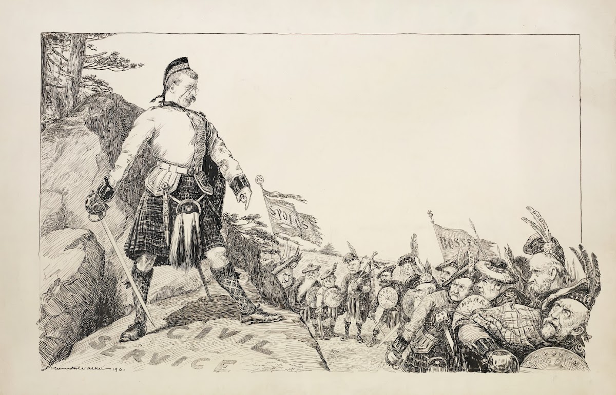 Theodore Roosevelt defends a hill representing the civil service from an army wi