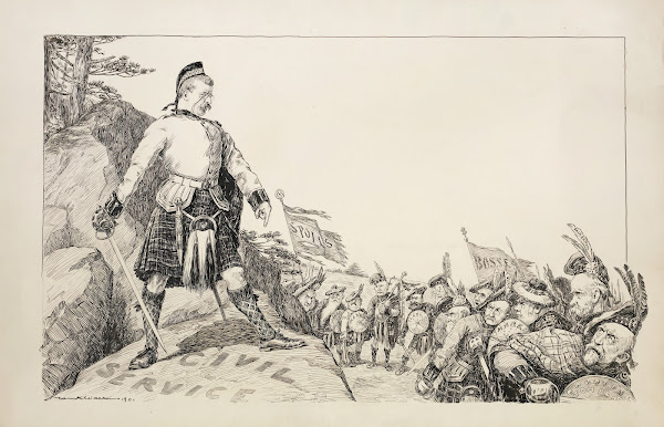 Theodore Roosevelt defends a hill representing the civil service from an army wi