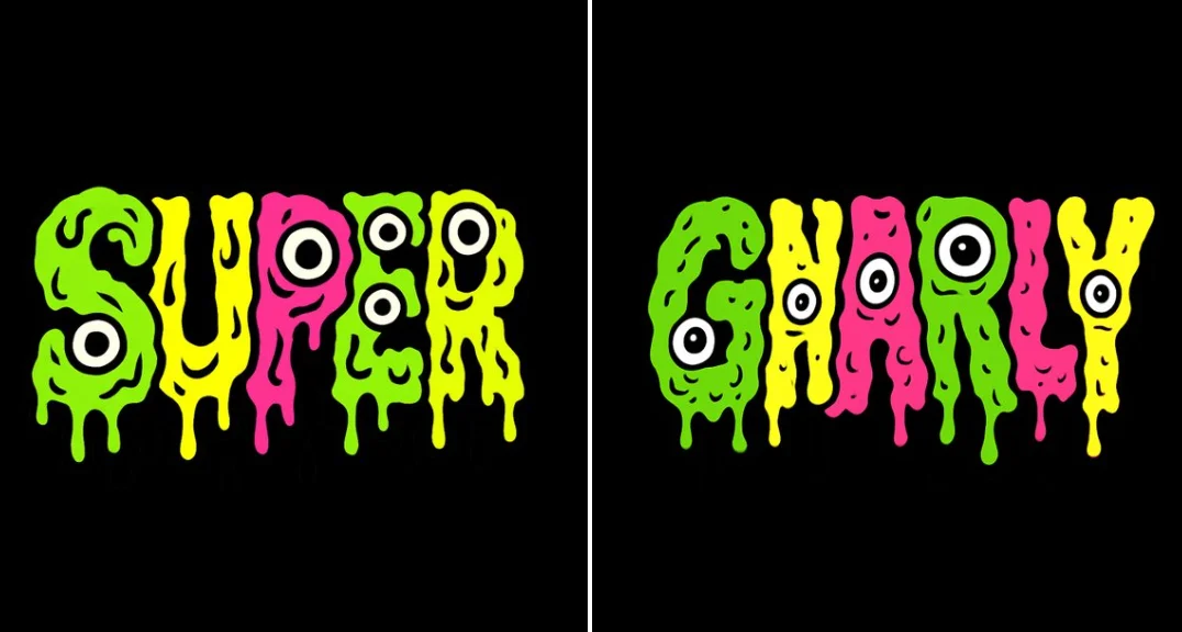 Diseño de texto de caricatura psicodélica grotesca 'GNARLY'