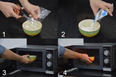 Chuẩn bị nuyên liệu. Đầu tiên các bạn cắt nhỏ 2 lá gelatine cho vào một cái chén (hình 1). Cho thêm 50 ml sữa vào rồi đem bỏ vào lò vi sóng, vặn công suất trung bình thấp, quay trong vòng 2 phút (hình 2, 3, 4).