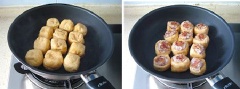 Đun nóng 1 muỗng canh dầu ăn rồi cho đậu nhồi thịt vào chiên, lật úp rán mặt thịt sống. Để lửa nhỏ, rán cho thịt chín vàng. 