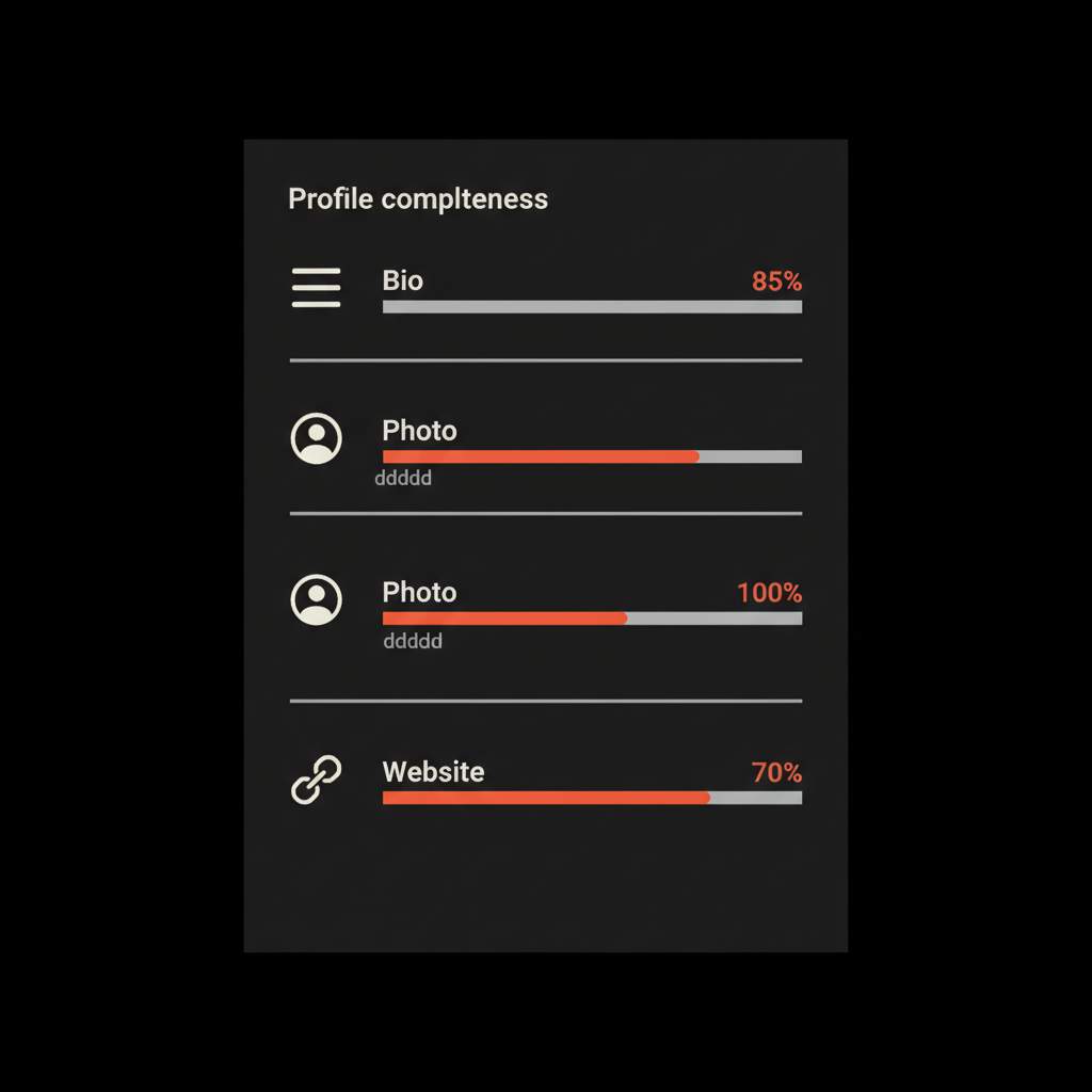 Minimal vector infographic showing profile completeness with icons for bio, profile photo, and website link and progress bars in Social Success Hub colors to get verified on Instagram