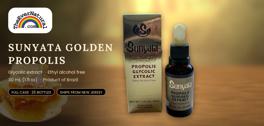 Sunyata Golden Propolis Glycolic Extract, box and 30 mL dropper bottle