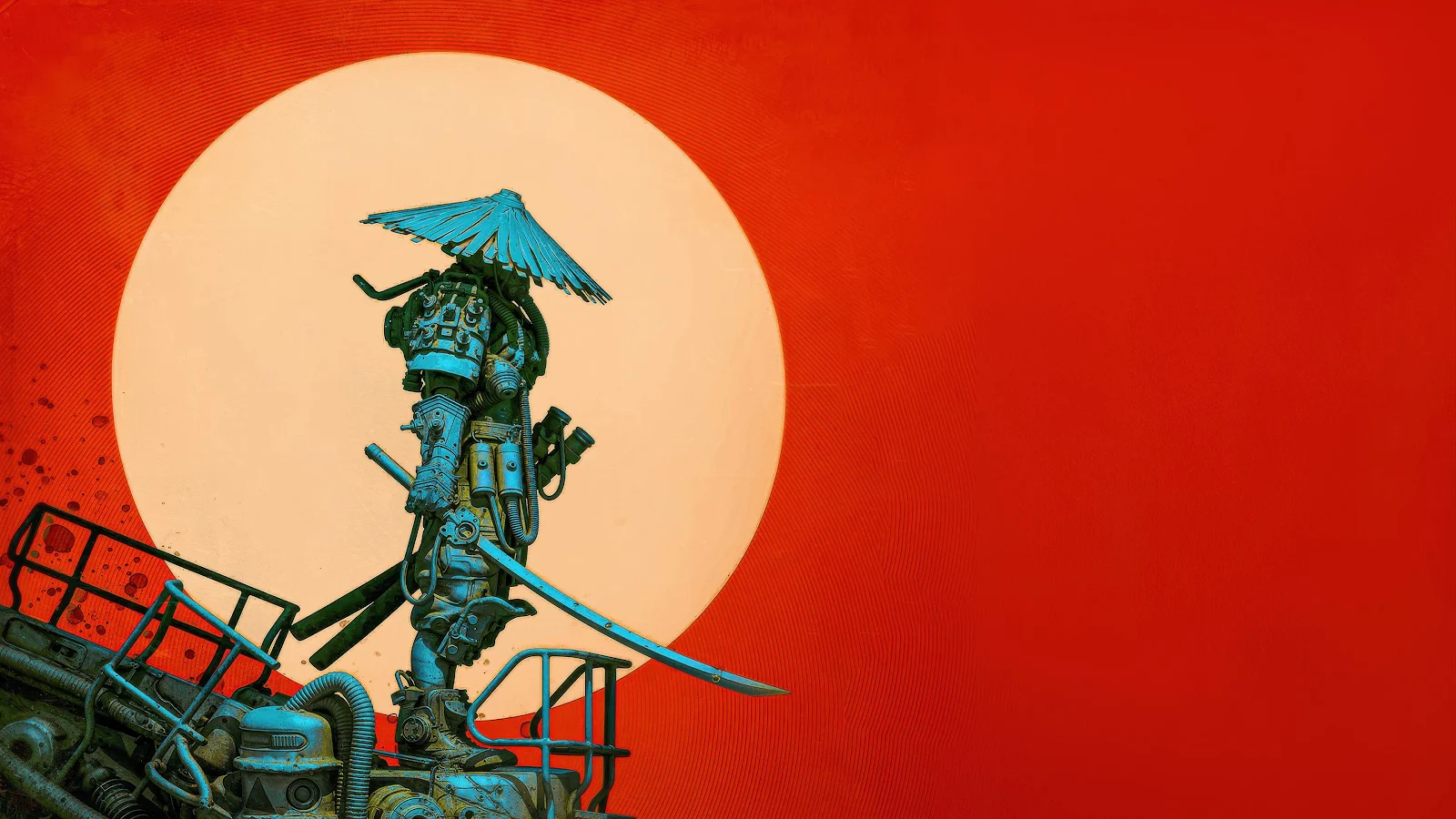 Neon Cyborg Samurai Against Red - Sci-Fi Illustration 4K Wallpaper (3840x2160)