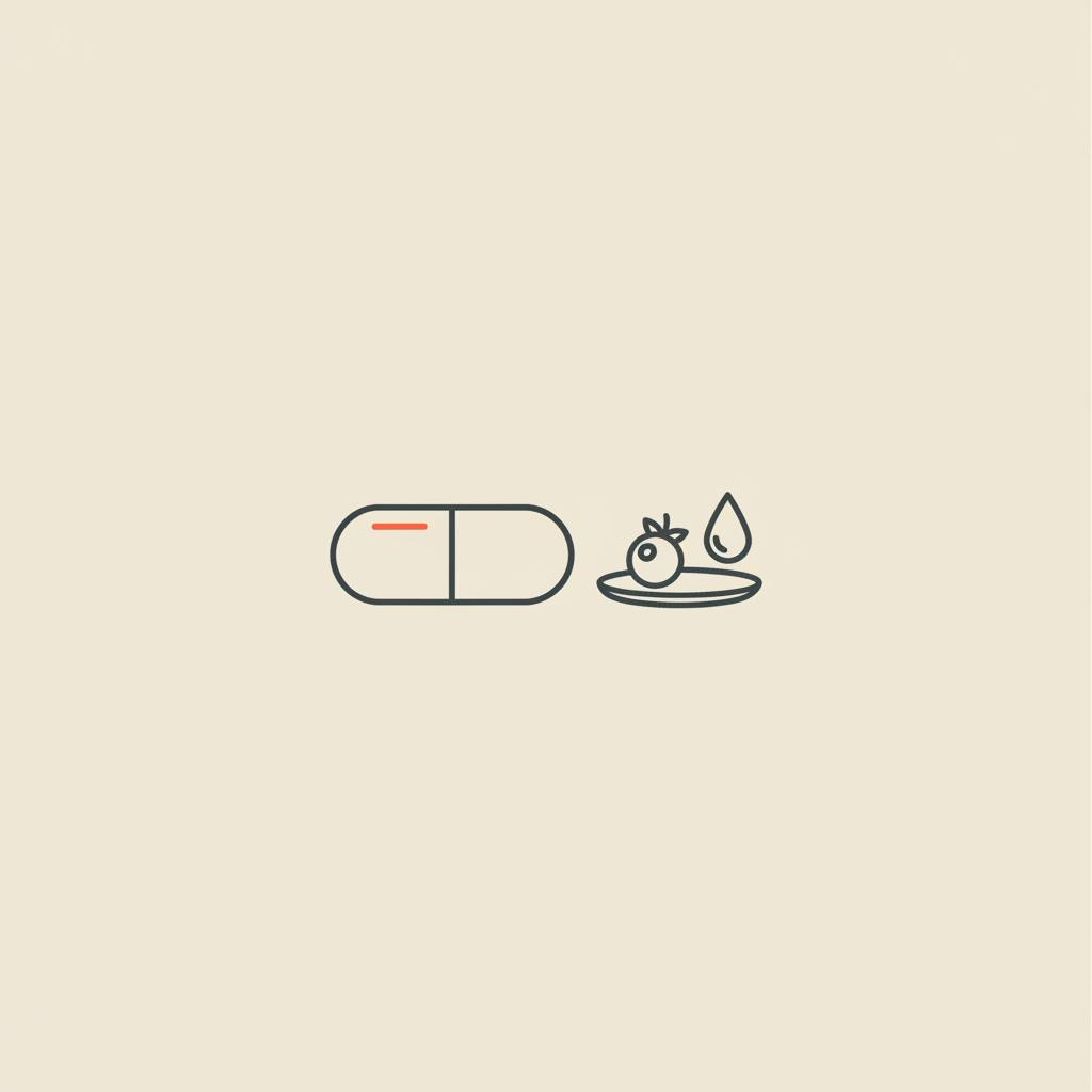 Minimal Tonum-style line illustration of a supplement capsule beside a small plate with a single berry and a water droplet on beige background, representing chromium picolinate.