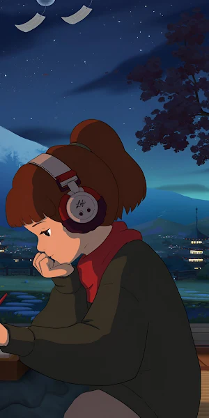 Lofi Art, Anime Illustration, Girl Studying, Mount Fuji View 4K Wallpaper Background