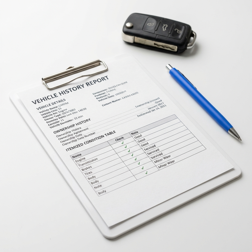 Close up of a vehicle history report on a clipboard with a pen and a used car key fob blurred in the background showing car prices and condition overview