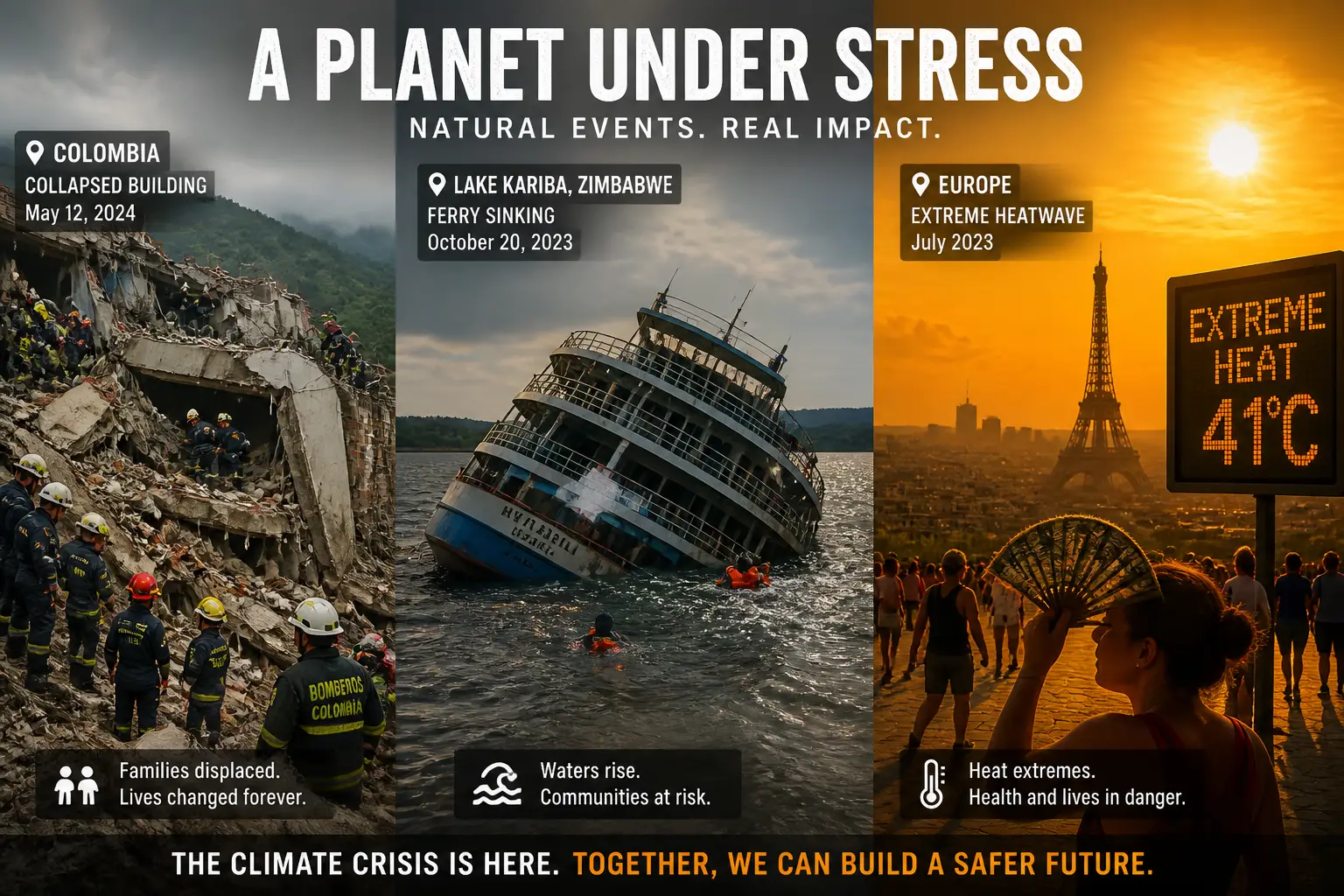 Editorial illustration for Colombia Earthquake Toll Rises, Zimbabwe Ferry Tragedy, and Europe's Fifth Heatwave
