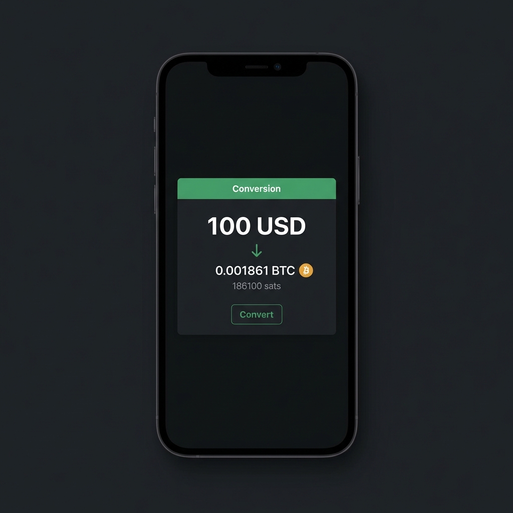 Close up smartphone screen showing conversion 100 USD to 0.001861 BTC 186100 sats on dark Finance Police branded background how much is $100 in bitcoin