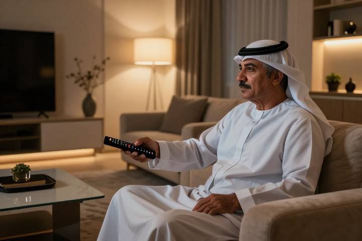 رجل يجلس على الأريكة ويشاهد التلفاز في صالة معيشة دافئة