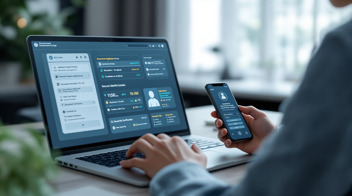 국가유공자 서류 준비  온라인 국가유공자 서류 준비를 위해 컴퓨터와 스마트폰을 이용하여 국가보훈처 홈페이지에서 신청 절차를 진행하고, 스캔한 서류를 업로드하며, 본인 인증을 거쳐 진행 상황을 실시간 확인하는 실제 장면