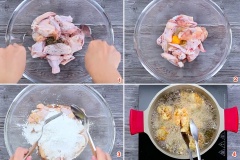 Rửa sạch gà rồi cắt thành miếng vừa ăn rồi ướp với 1/2 muỗng cà phê muối, 1/2 muỗng cà phê tiêu, 1/2 muỗng cà phê hạt nêm. Để yên trong khoảng 1 tiếng để gà thật thấm gia vị. Đập 1 quả trứng gà vào thịt rồi trộn đều. Sau đó lần lượt cho 1/2 chén bột chiên giòn, 1/2 chén bột mì, 1/2 chén bột nếp, 1/2 chén bột bắp, 1/2 muỗng cà phê muối nở vào gà và trộn đều. Bắc 1 chảo dầu lên bếp và chiên vàng gà để gà cay phô mai được thơm giòn.
