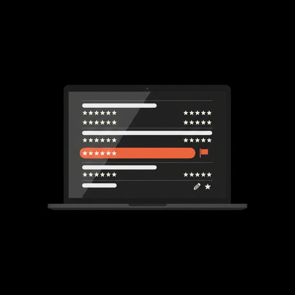 Minimal 2D vector laptop with a generic review list, one review highlighted and a flag icon, Social Success Hub palette, for remove Google review article