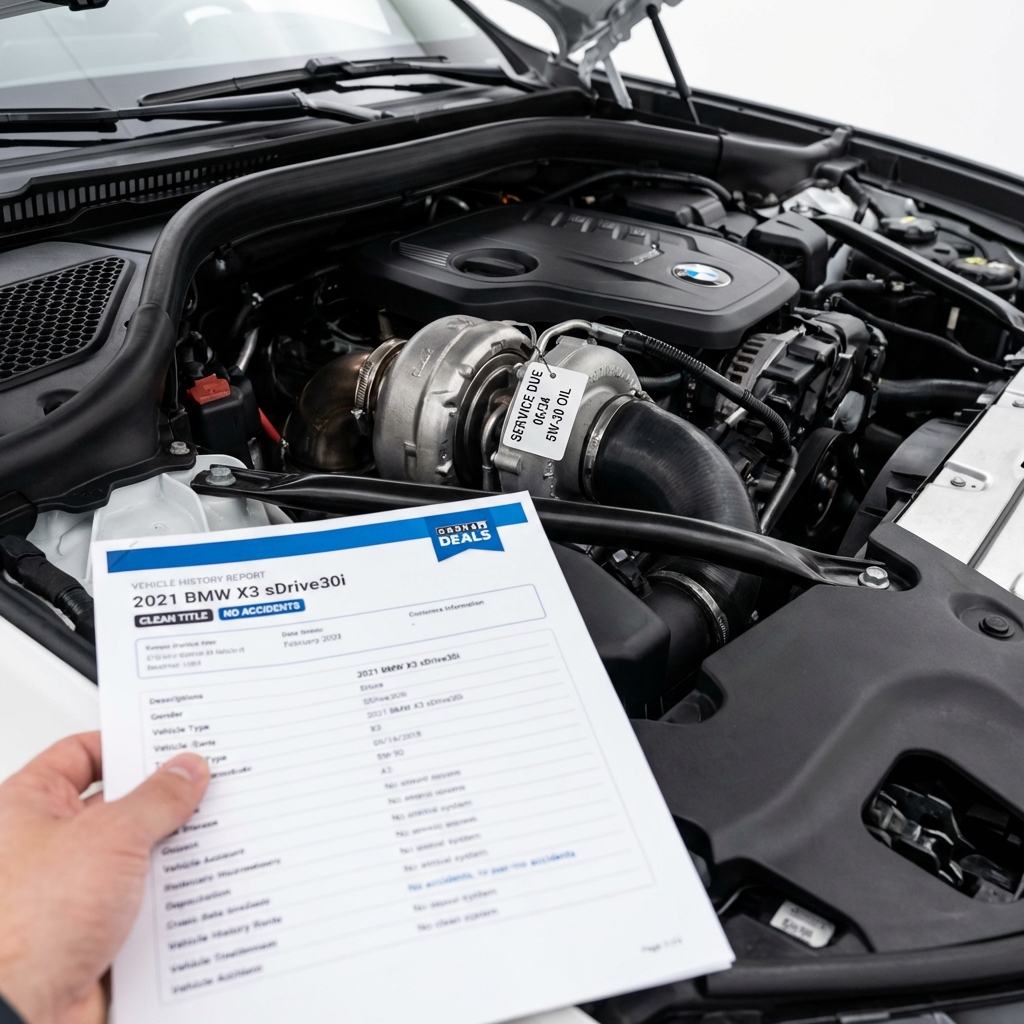 Close up engine bay with turbocharger and hand holding a printed vehicle history report for bmw x3 for sale on a clean white background with blue CarFax Deals accents