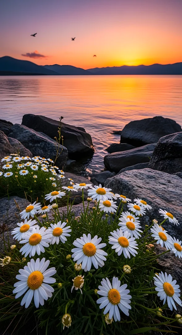 White Daisies on Rocky Shore at Vibrant Sunset Lake