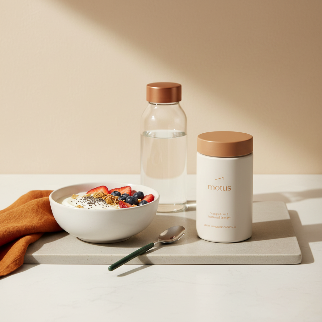 Tonum Motus supplement container beside a high-protein breakfast bowl and water bottle on a minimalist counter, best metabolism booster for weight loss.