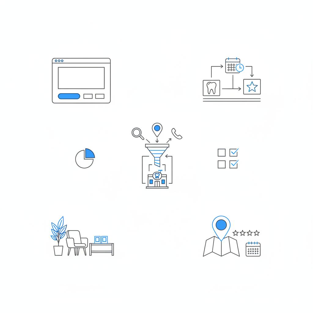 Notebook-style vector sketch illustrating dental website strategy with wireframes, appointment button, patient journey icons, clinic corner vignette &mdash; do dentists need a website