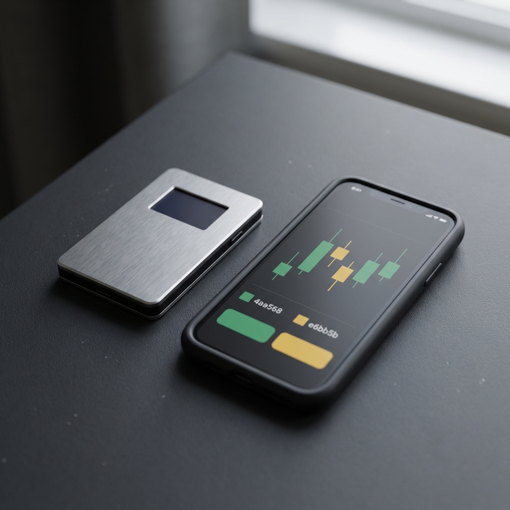 Close up of hardware wallet and smartphone displaying a crypto trading interface with green brand accents on dark minimalist background
