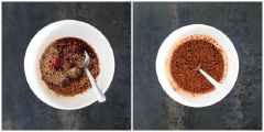 Chuẩn bị nước sốt: cho 3 muỗng canh nước tương, 2 muỗng canh đường, 1 muỗng canh ớt bột Hàn Quốc, 1 muỗng cà phê giấm gạo, 1 muỗng canh mè, 1 muỗng cà phê tỏi băm vào chén, khuấy đều cho tan đường. Dưa leo rửa sạch, giữ nguyên vỏ và bào sợi 3/4 trái, còn 1/4 còn lại thì xắt sợi. Trứng gà luộc chín lòng đào.