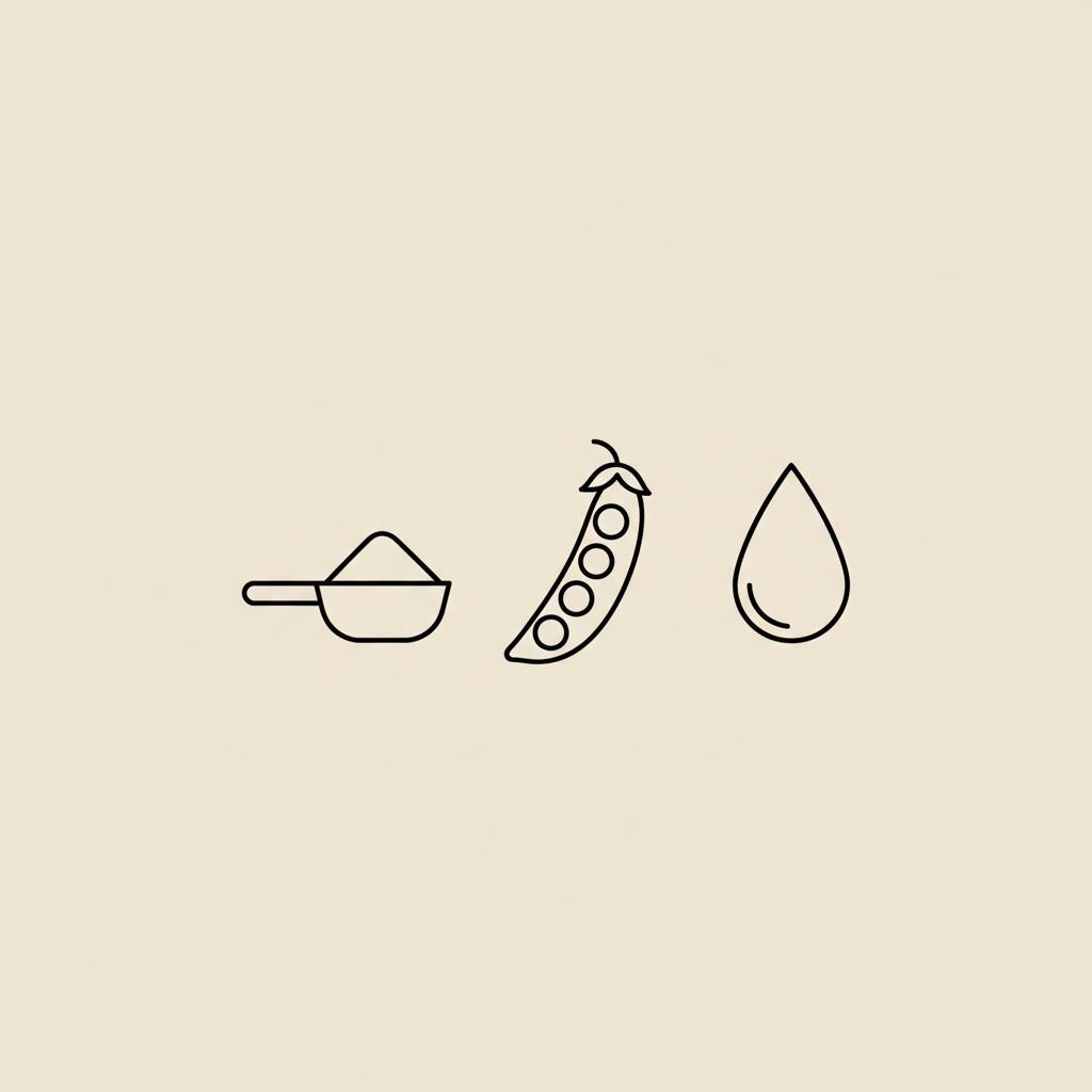 Minimalist vector line illustration of a scoop, pea pod and milk droplet on beige #F2E5D5 representing plant and whey sources for a clean protein shake
