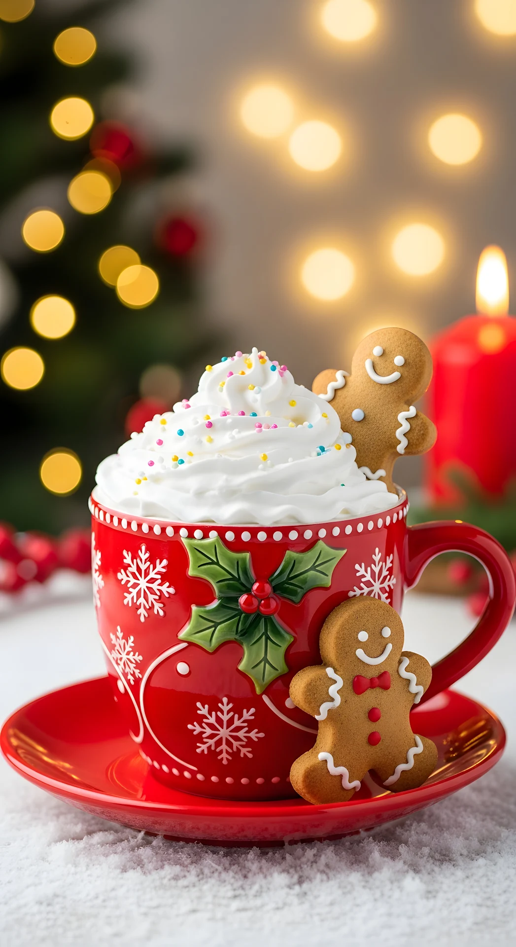Festive Gingerbread Hot Cocoa Mug with Christmas Bokeh Lights - Free 4K mobile Wallpaper