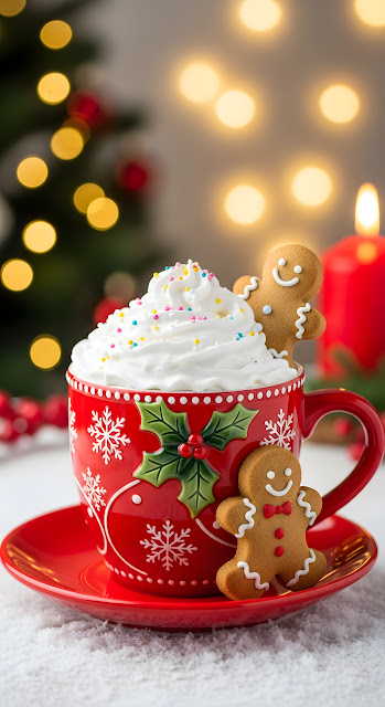 Festive Gingerbread Hot Cocoa Mug with Christmas Bokeh Lights - Free mobile Wallpaper
