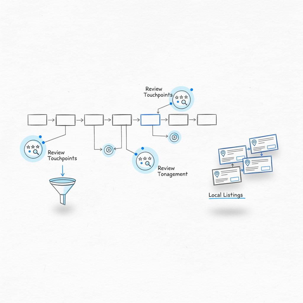 Minimal 2D vector close-up of a hand-drawn customer journey map with review touchpoints and icons for search engines, review platforms and local listings, blue highlights representing reputation management cost