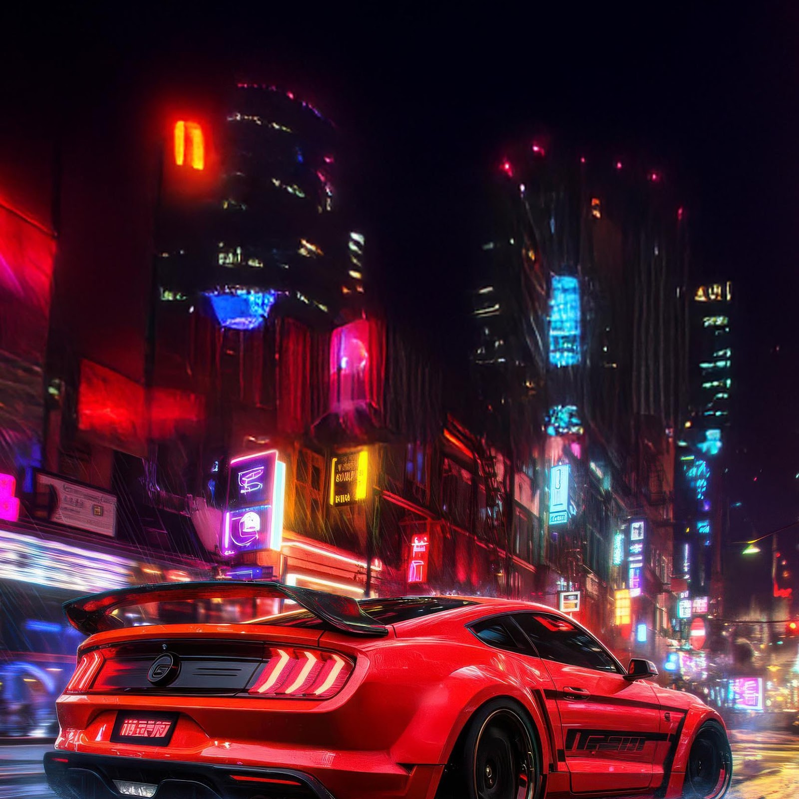 Download Red Ford Mustang In Neon City 2K iPhone