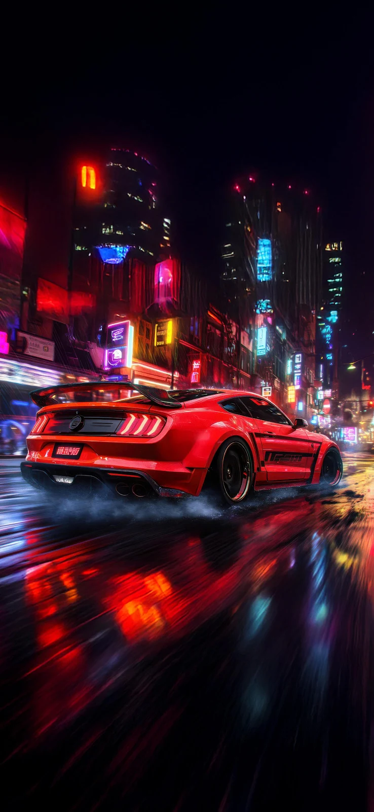 Red Ford Mustang In Neon City - Digital Art 2K iPhone Wallpaper (1657x3590)