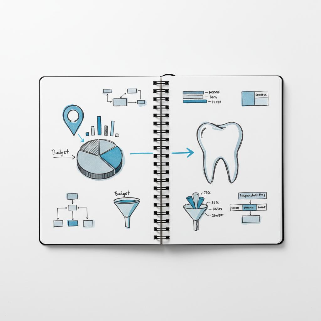 Top-down planner with map pin sketch, budget chart and arrows flowing into a stylized tooth icon illustrating How much do dentists spend on advertising?