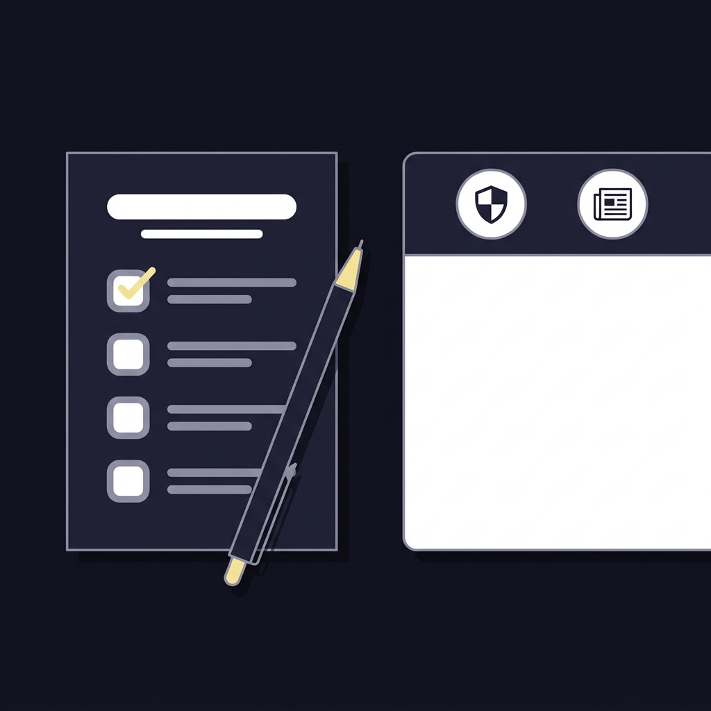 Minimalist 2D vector notepad with monitoring checklist and a browser window showing two icon tabs representing news and regulator on a dark Funded Plays style desk mi sports betting