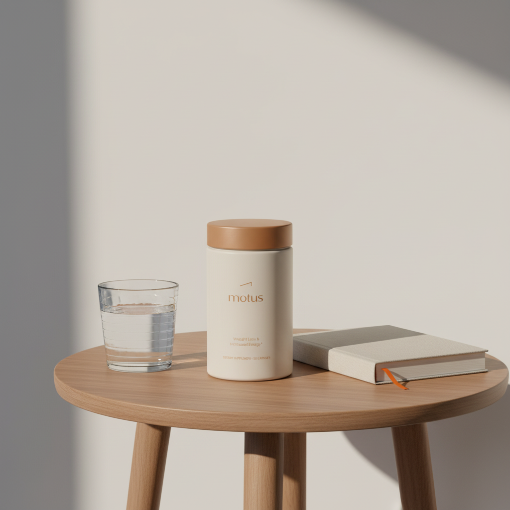 Minimalist bedside photo of Tonum Motus supplement jar on a round wooden table with a glass of water and journal in soft natural light — how much does lumen cost a month